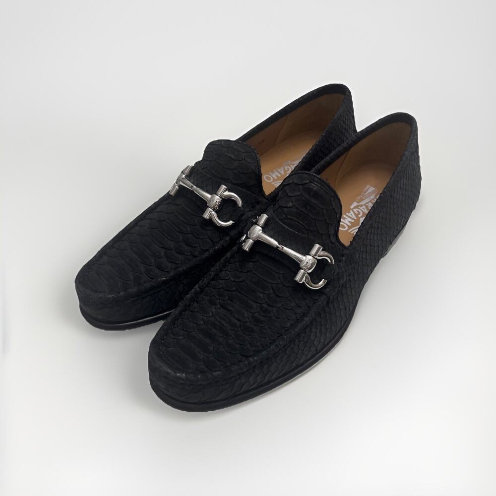Ferragamo Suede Snake Python Pattern Black Loafer… - image 2